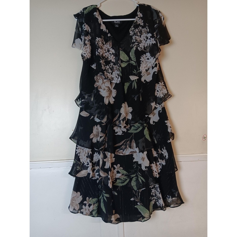 SLNY Dress Womens 8 Black Floral Chiffon Tiered Ruffle A-Line Party Wedding - Picture 2 of 9